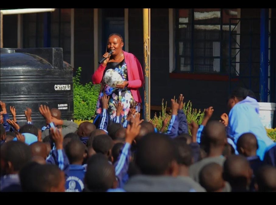 Laikipia Woman Representative Jane Kagiri speaks during a pad distribution exercise. PHOTO/Wanjira Wachira