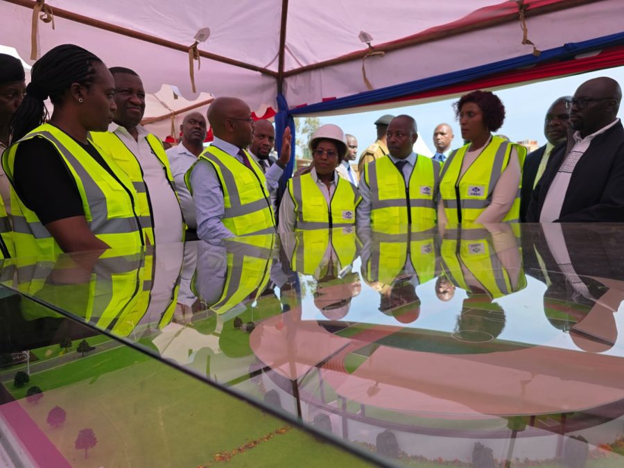 CSs Soipan Tuya (Defence) , Salim Mvurya (Sports), Kiambu Deputy Governor Rosemary Kirika, Thika MP Alice Ng’ang’a among other Government officials during the groundbreaking ceremony for construction of 10,000 -seater Thika Stadium. PHOTO/Mathew Ndung'u