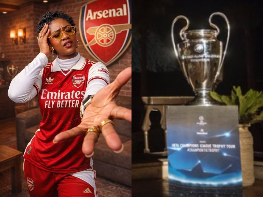 A photo collage of Nana Owiti and the UEFA Champions League trophy. PHOTOS/@nanaowiti & @ChampionsLeague/X