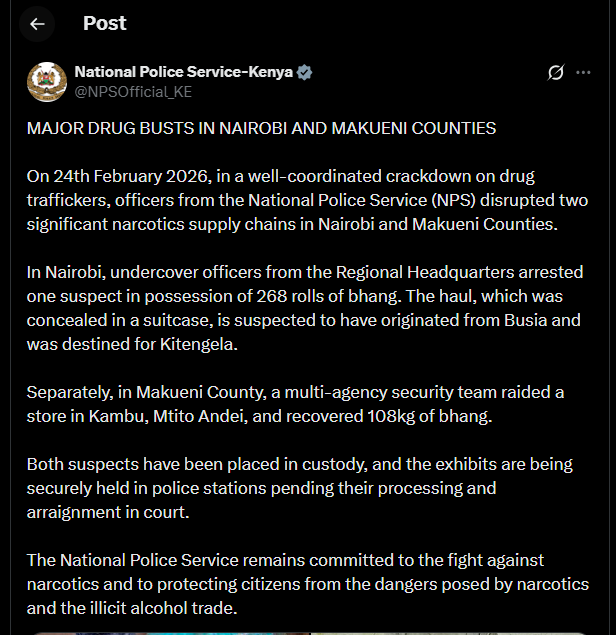 A post shared by the NPS on X. PHOTO/Screengrab by K24 Digital