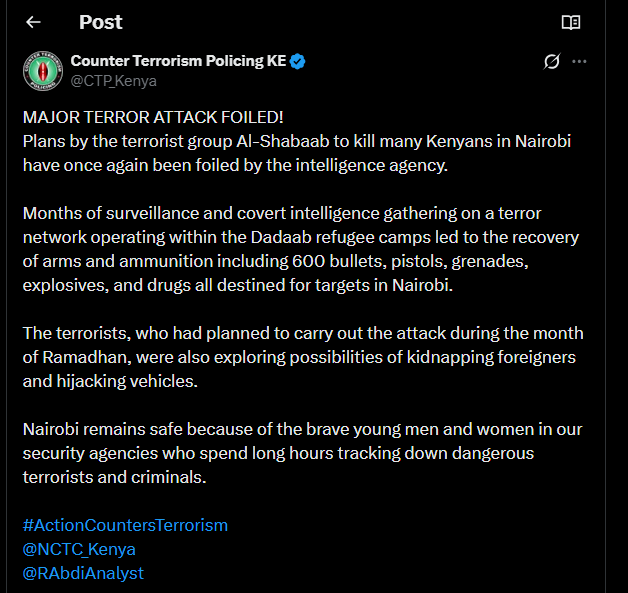 A post shared by the Counter Terrorism Policing on X. PHOTO/Screengrab by k24 Digital