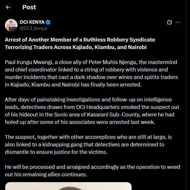 A post shared by the DCI on X. PHOTO/Screengrab by K24 Digital