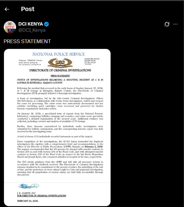 A post shared by the DCI on X. PHOTO/Screengrab by K24 Digital