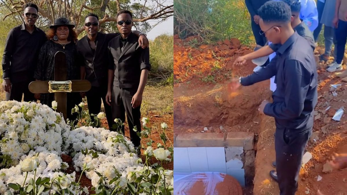 A collage of Hopekid and his family posing next to their father's grave and a photo of the singer throwing soil inside his grave. PHOTOS/@hopekidhk/Instagram
