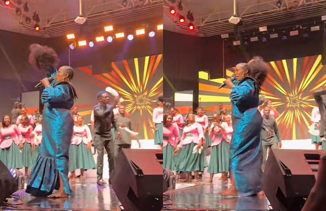Rose Muhando when she removed her wig on stage. PHOTO/Screengrab by K24 Digital of TikTok video by @rosemuhando