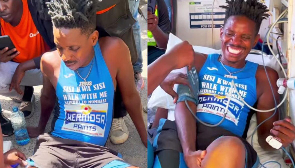 Eric Omondi receives first aid after reaching Machakos in his elusive 476 km Nairobi to Mombasa walk. PHOTOS/Screengrabs by K24 Digital of Facebook video by https://www.facebook.com/profile.php?id=100044317755329