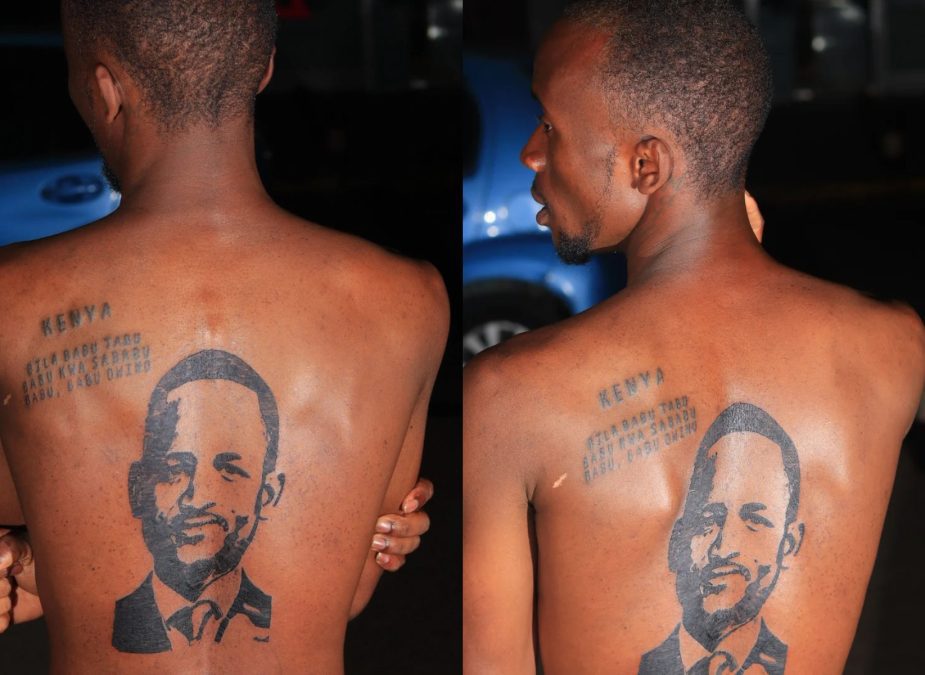 Babu Owino's face tattooed on Bahati's back. PHOTO/Marcelo Bahati