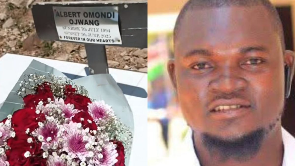 A collage of Albert Ojwang's grave with flowers placed on it and the late teacher during his heyday. PHOTOS/@nevnina/TikTok.