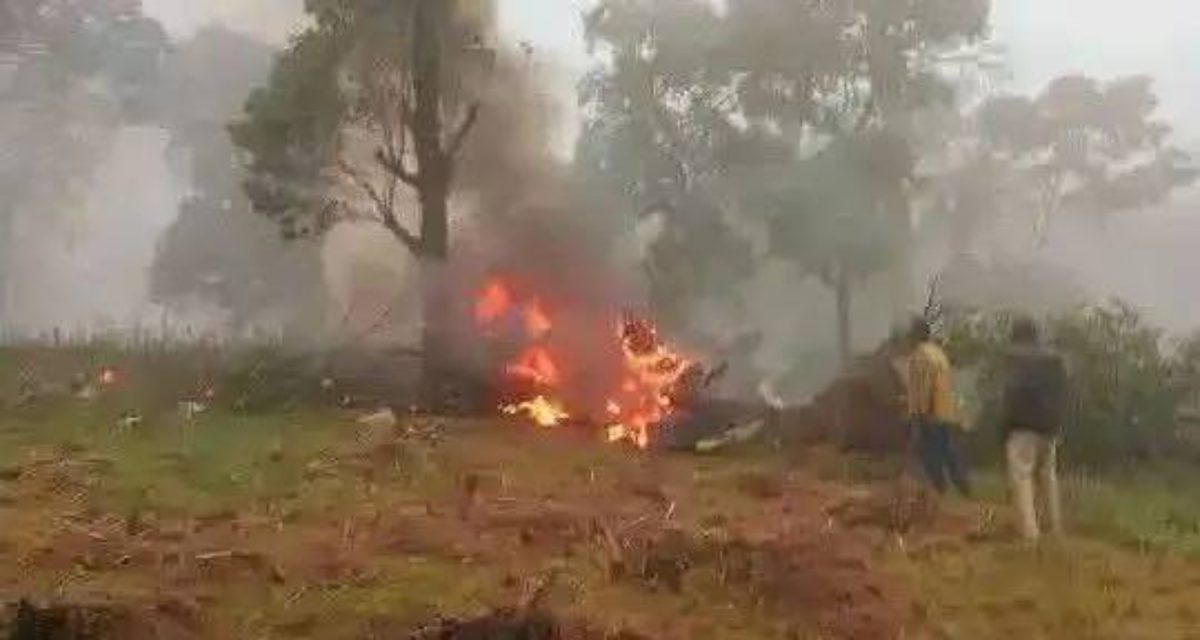 Fire burning at the scene of the chopper's crash. PHOTO/https://www.facebook.com/profile.php?id=100065483554997