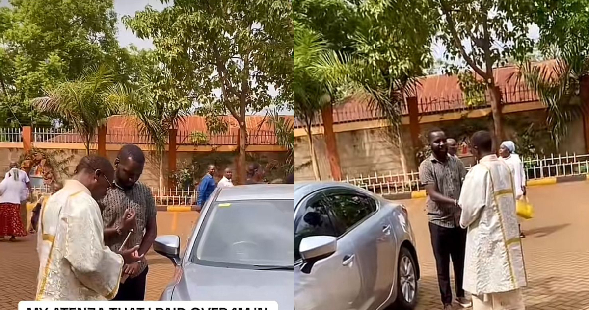 Tony Mwirigi and a catholic priest pray next to his new car. PHOTOS/Screengrabs by K24 Digital of TikTok video by @tonymwirigi.
