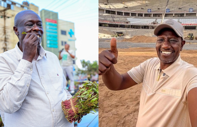 Rigathi Gachagua tries out miraa during a past rally in Meru County [R]. President William Ruto inspecting construction works at Talanta Stadium [L]. PHOTOS/@rigathi, @WilliamsRuto/X