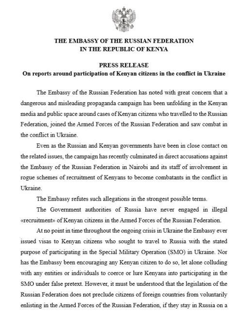 Page of Russian Embassy denying involvement of Kenyans fighting in Ukraine. PHOTO/@russembkenya/X
