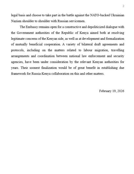 Page 2 of the Russian Embassy denying Kenyans' involvement in fighting in Ukraine. PHOTO/@russembkenya/X