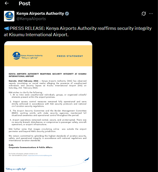 A post shared by the KAA on X. PHOTO/Screengrab by K24 Digital