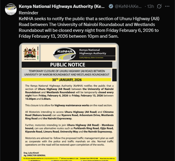 A post shared by KeNHA on X. PHOTO/Screengrab by K24 Digital
