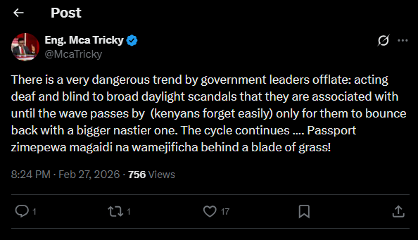 A post shared by MCA Tricky on X. PHOTO/Screengrab by K24 Digital