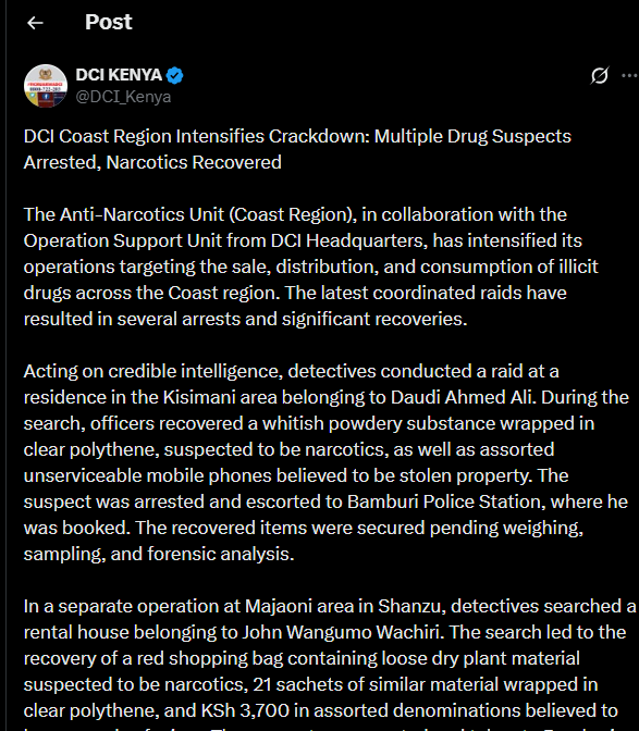 A post shared by the DCI on X. PHOTO/Screengrab by K24 Digital