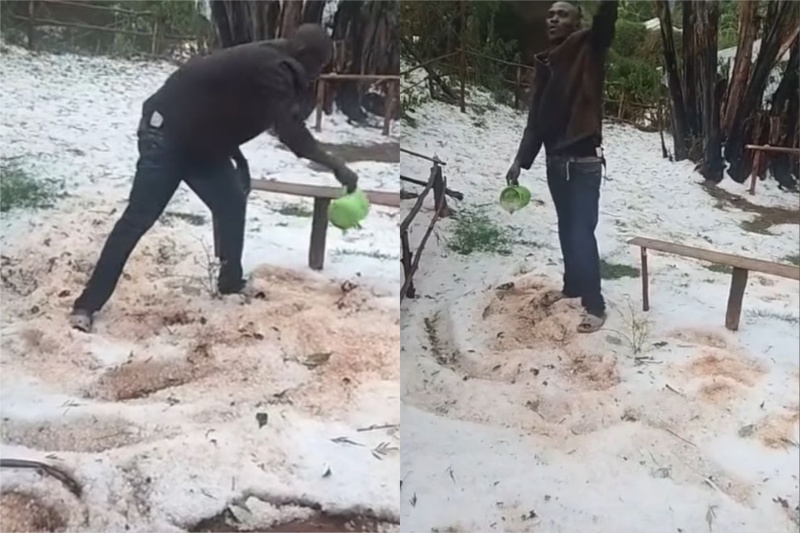 Fsrmer from Kisii collecting hailstones. PHOTO/Screengrab by K24 Digital
