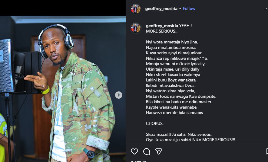 A post shared by Geoffrey Mosiria on his Instagram. PHOTO/Screengrab by K24 Digital