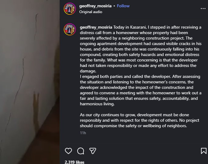 A post shared by Geoffrey Mosiria on Instagram. PHOTO/Screengrab by K24 Digital 