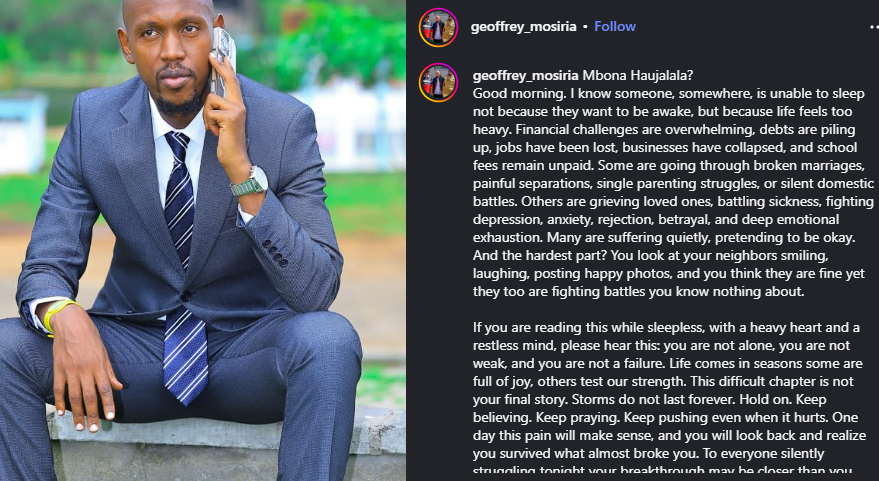 A post shared by Geoffrey Mosiria on his Instagram. PHOTO/Screengrab by K24 Digital