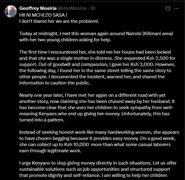 A post shared by Geoffrey Mosiria on X. PHOTO/Screengrab by K24 Digital