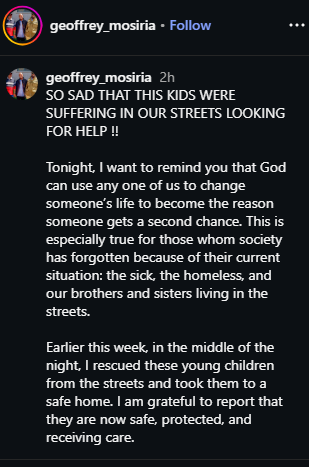 A post shared by Geoffrey Mosiria on his Instagram account. PHOTO/Screengrab by K24 Digital
