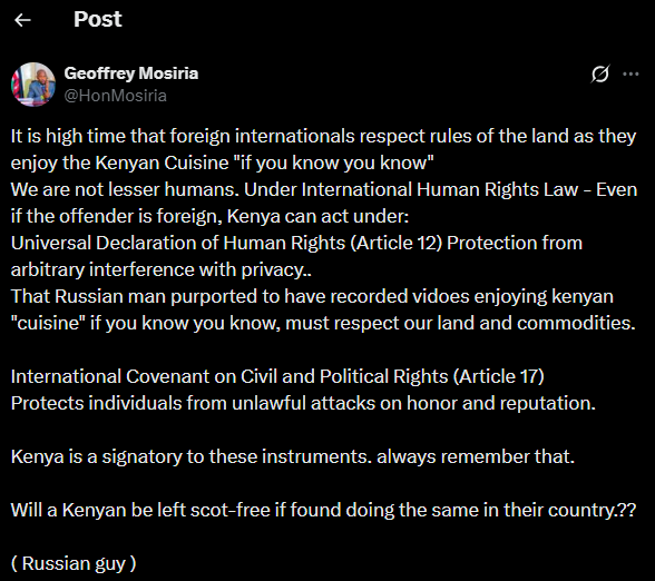 A post shared by Geoffrey Mosiria on X. PHOTO/Screengrab by K24 Digital