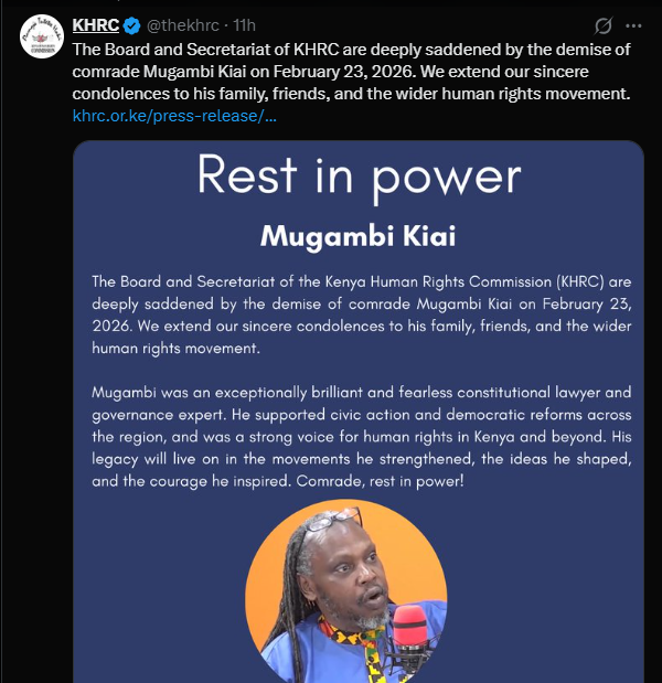 A post shared by KHRC on X. PHOTO/Screengrab by K24 Digital
