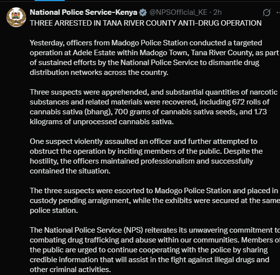 A post shared by the National Police Service. PHOTO/Screengrab by K24 Digital