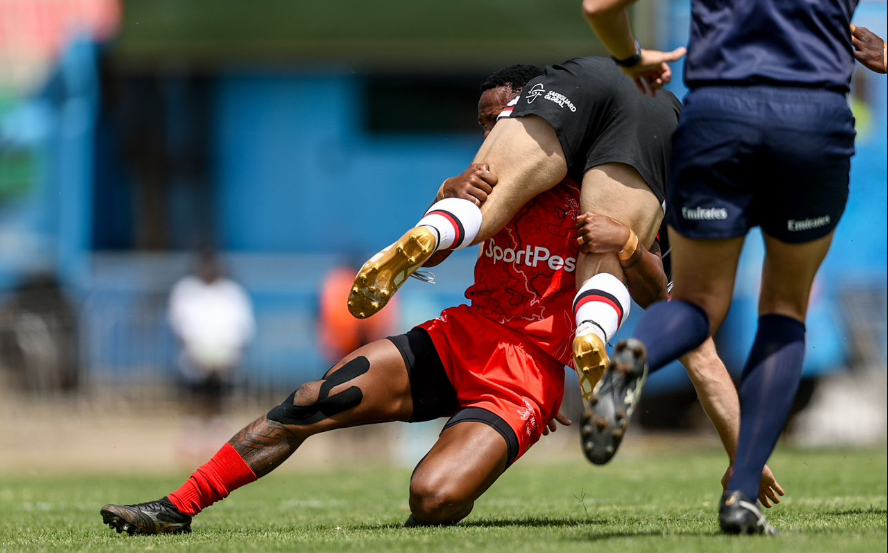A HSBC SVNS 2 action between Shujaa and Canada on Saturday at Nyayo Stadium. PHOTO/@OfficialKRU/X