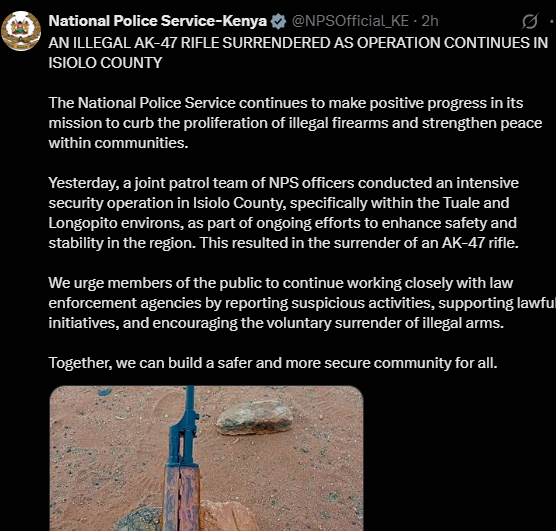 A post shared by the National Police Service (NPS) ON X. PHOTO/Screengrab by K24 Digital