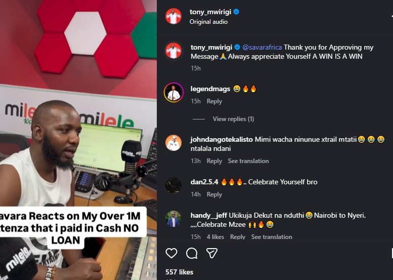 A post shared by Tony Mwirigi on Instagram. PHOTO/Screengrab by K24 Digital