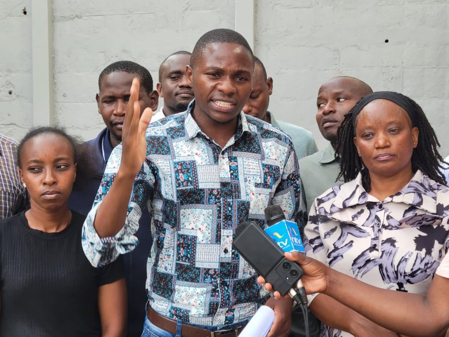 KUPPET chairperson aspirant for Murang'a, Suleiman Salim, speaks to the media as captured by our very own Wangari Njuguna. PHOTO/Wangari Njuguna