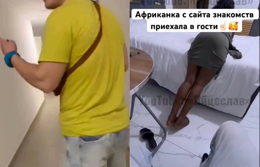 A back view of the Russian man who stirred controversy after posting videos recorded with local women [L]. The Russian man seen recording an encounter with a local woman in a hotel room in one of the videos he shared online [R]. PHOTOS/Screengrab by K24 Digital