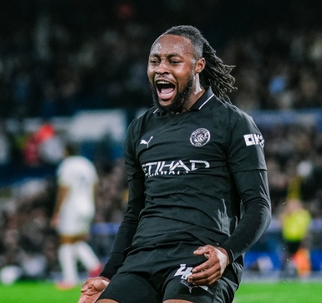Manchester City forward Antoine Semenyo celebrates his goal against Leeds United. PHOTO/@ManCity/X