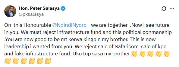 The statement by Mumias East MP Peter Salasya on X. PHOTO/ @pksalasya