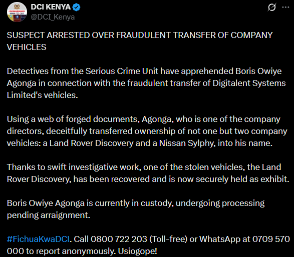 A post shared by the DCI on X. PHOTO/Screengrab by K24 Digital