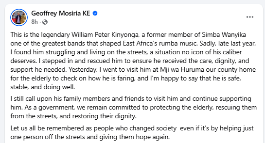 Geoffrey Mosiria speaks after visiting former Simba Wanyika legend. PHOTO/Screengrab by K24 Digital from Facebook by @kiongozi.mosiriake