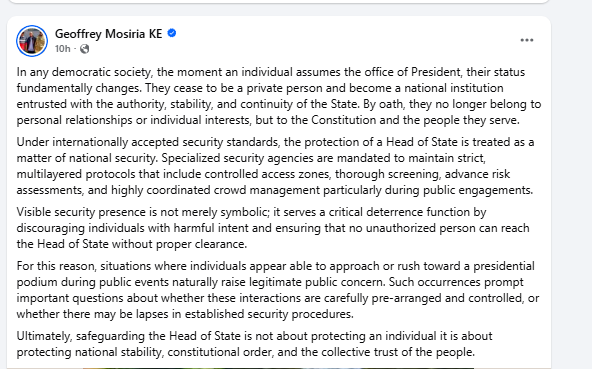 Geoffrey Mosiria comments on Ruto's security lapses. PHOTO/Screengrab by K24 Digital from Facebook by @kiongozi.mosiriake