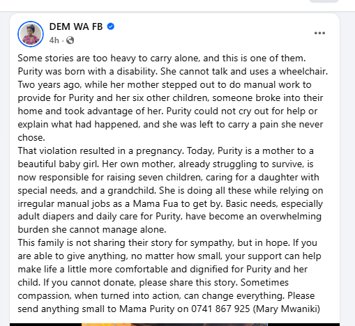 Dem Wa Facebook post exposing how a woman was defiled. PHOTO/Screengrab by K24 Digital from Facebook by @100079107519460