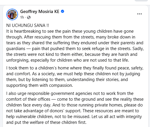 Facebook post of Mosiria after rescuing street kids. PHOTO/Screengrab by K24 Digital from Facebook by @kiongozi.mosiriake