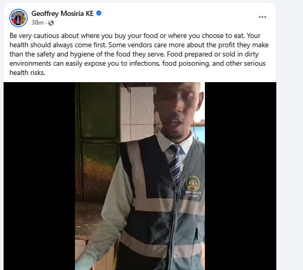 Geoffrey Mosiria busts fish being cooked near sewer. PHOTO/Screengrab by K24 Digital from Facebook by @kiongozi.mosiriake