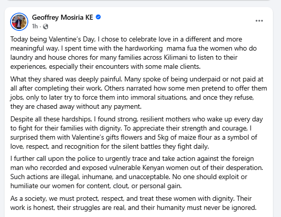 Geoffrey Mosiria gifts Mama fuas with unga. PHOTO/Screengrab by K24 Digital from Facebook by @kiongozi.mosiriake