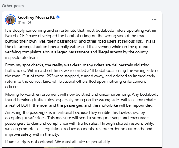 Geoffrey Mosira condemns misconduct by bodabida riders. PHOTO/Screengrab by K24 Digital from Facebook by @kiongozi.mosiriake