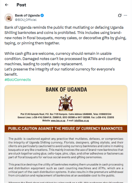 Uganda sends warning about currency misuse. PHOTO/Screengrab by K24 Digital from X by @BOU_Official