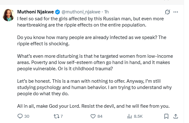 Muthoni Njakwe speaks about Russian Guy. PHOTO/Screengrab by K24 Digital from X by @muthoni_njakwe