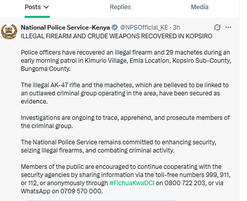 NPS confirm recover of crude weapons. PHOTO/Screengrab by K24 Digital from X by @NPSOfficial_KE