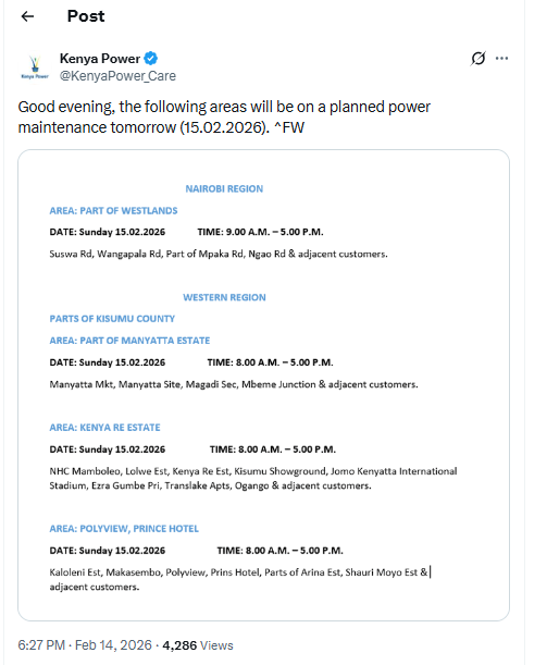 Kenya Power announces Sunday blackout. PHOTO/Screengrab by K24 Digital from X by @KenyaPower_Care