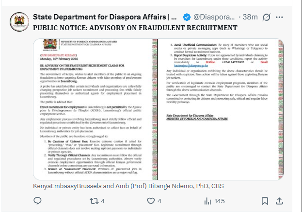 Ministry of Foreign Affairs warns Kenyans. PHOTO/Screengrab by K24 Digital from X by @Diaspora_KE